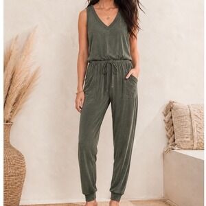 Lou‎ & Grey Women Drawstring Jumpsuit XS Olive Green Soft Sandwashed Sleeveless